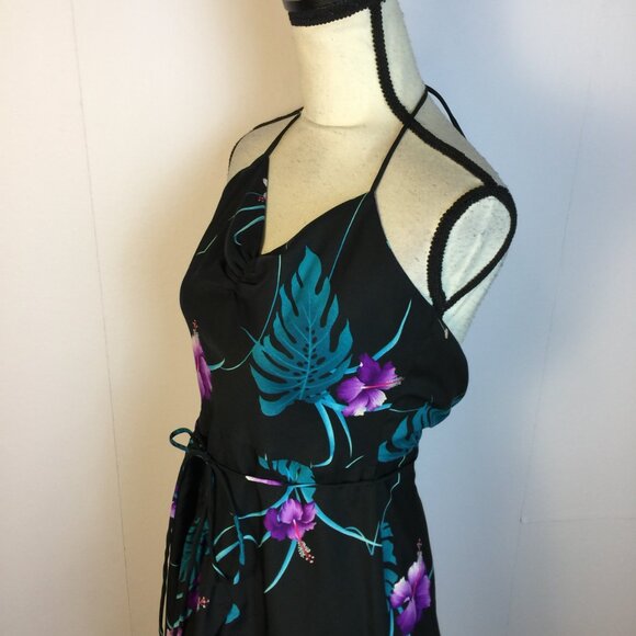 Vintage Fumi's Originals Hawaiian Dress S/XS Womans Black Floral Halter Belted - Picture 11 of 13